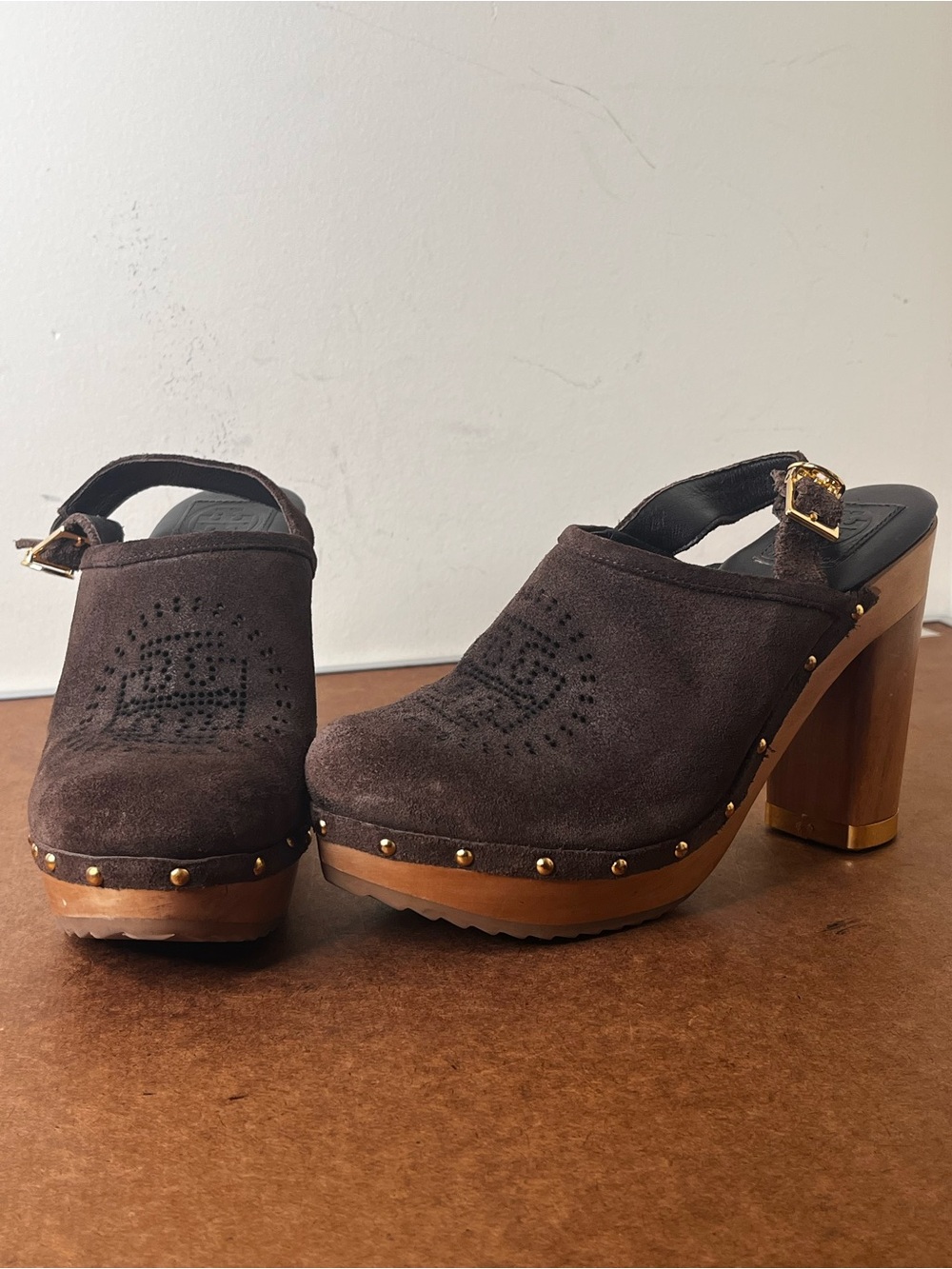 Tory Burch Womens Brayden Dark Brown Suede Studded Wood-Platform Clog Mules 8.5M